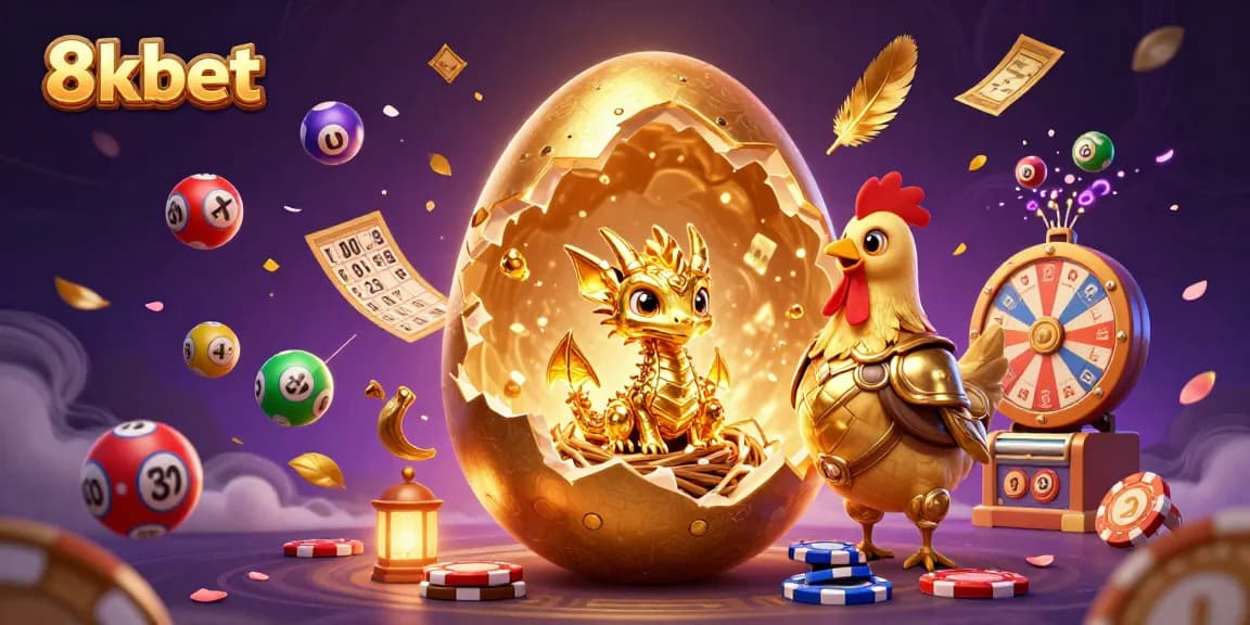 Engage with the thrilling experience of 8kbet, featuring a golden dragon amidst vibrant lottery elements and shining poker chips.