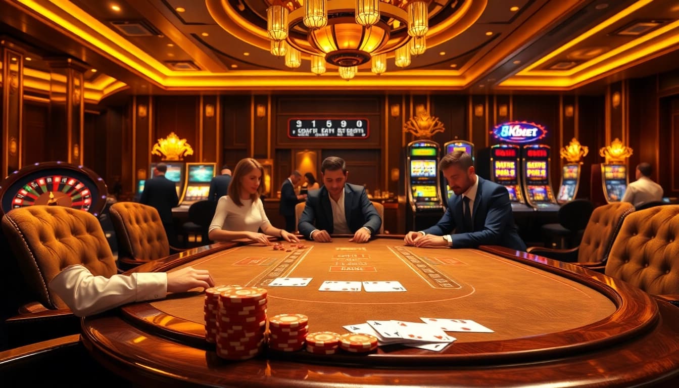 Exciting poker game at 8kbet casino highlighting strategic betting and luxury ambiance.
