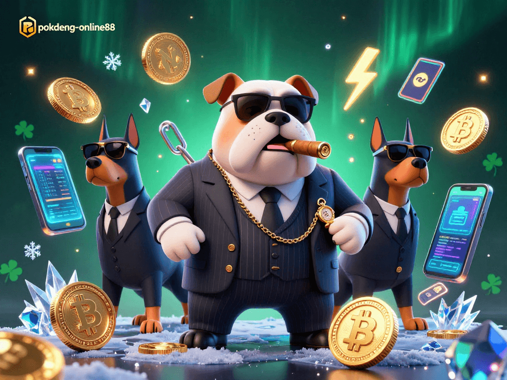 Experience thrilling gameplay with pokdeng-online88 as a mafia boss bulldog leads with bodyguard Dobermans in a crypto casino.