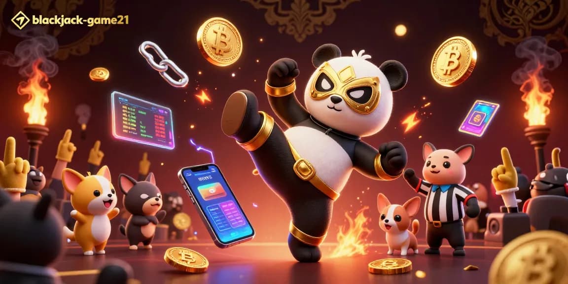 Engage with blackjack-game21 strategies while witnessing a dynamic casino scene with animated characters and vibrant game elements.