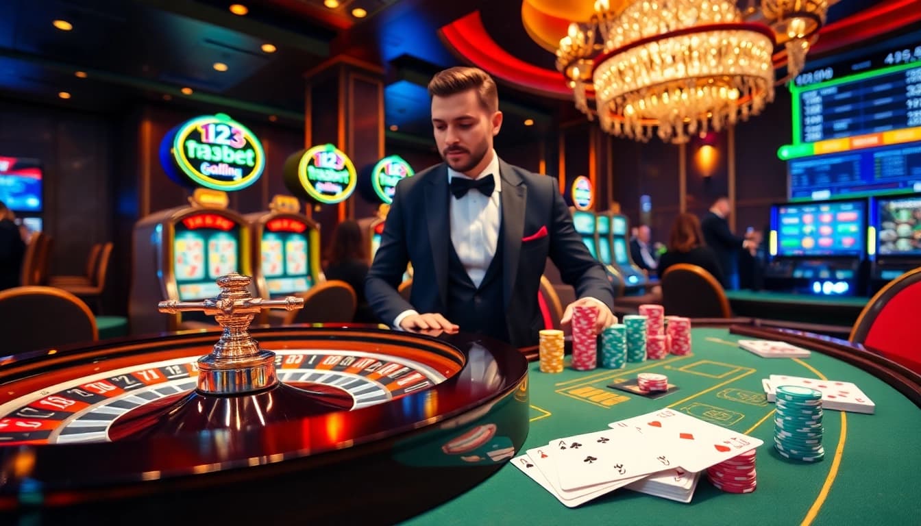 Experience the excitement of winning bets at 123bet casino with vibrant poker chips and roulette.