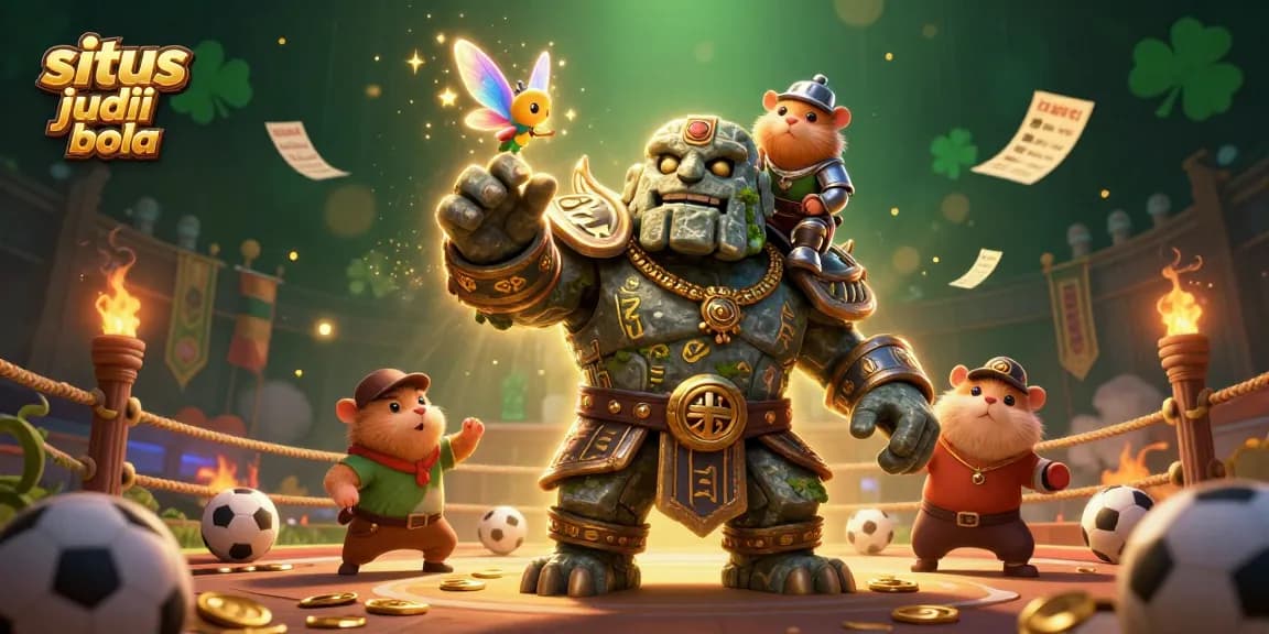 Experience situs judi bola excitement with a 3D golem guardian, sports elements, and vibrant gold tokens.