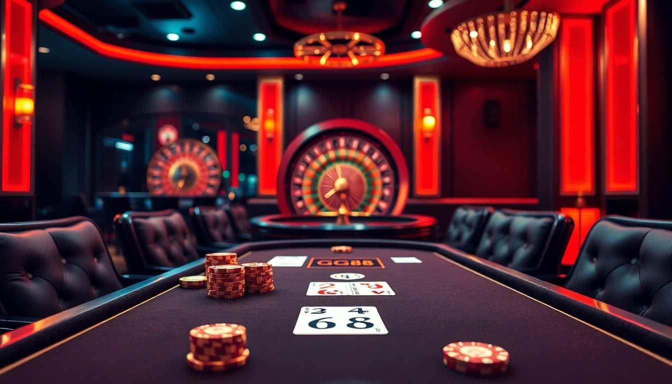 Betting at GG88's stylish casino table with poker chips and cards.