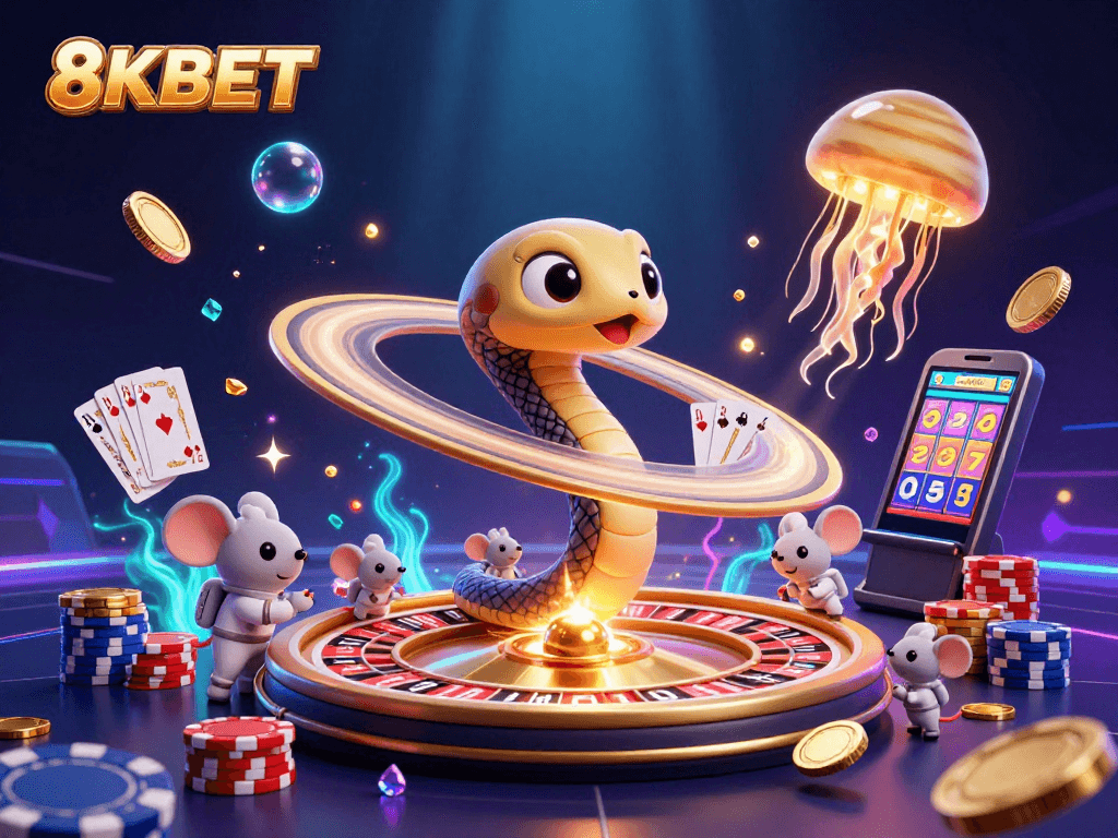Experience thrilling gameplay with 8KBET, featuring a vibrant 3D illustration of casino fun!