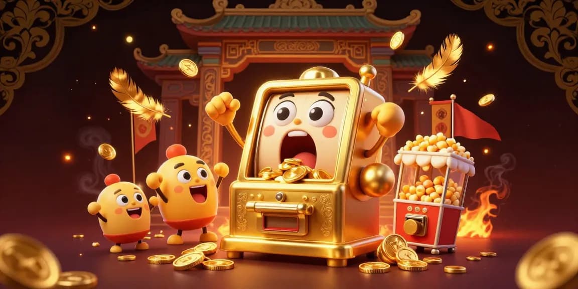 Bandar slot yang menyenangkan saat mesin slot emas mencapai jackpot, dikelilingi koin emas dan elemen ceria.