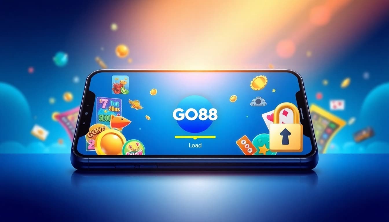Tải GO88 - Download GO88 app on smartphone featuring vibrant gaming graphics and secure interface.