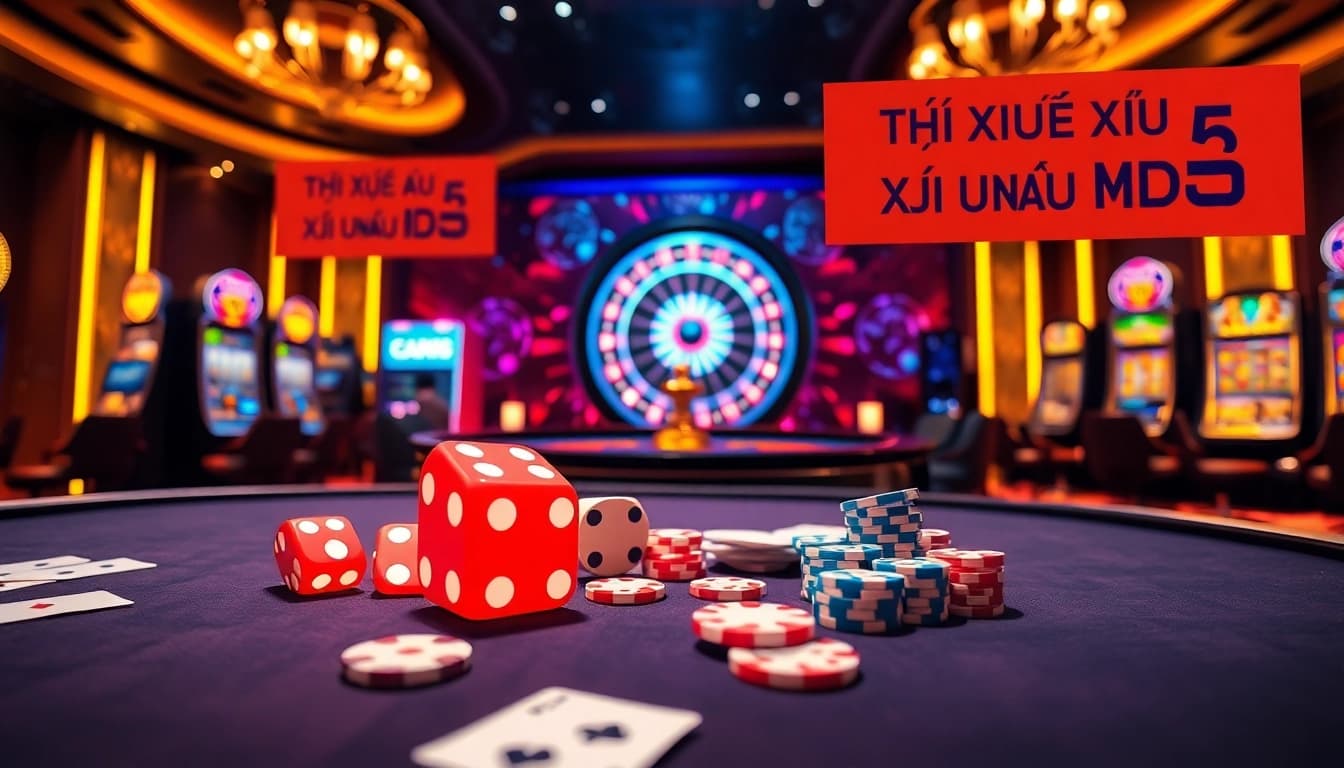 Taking a thrilling gamble at TÀI XỈU MD5 with poker chips and dice on an elegant casino table.