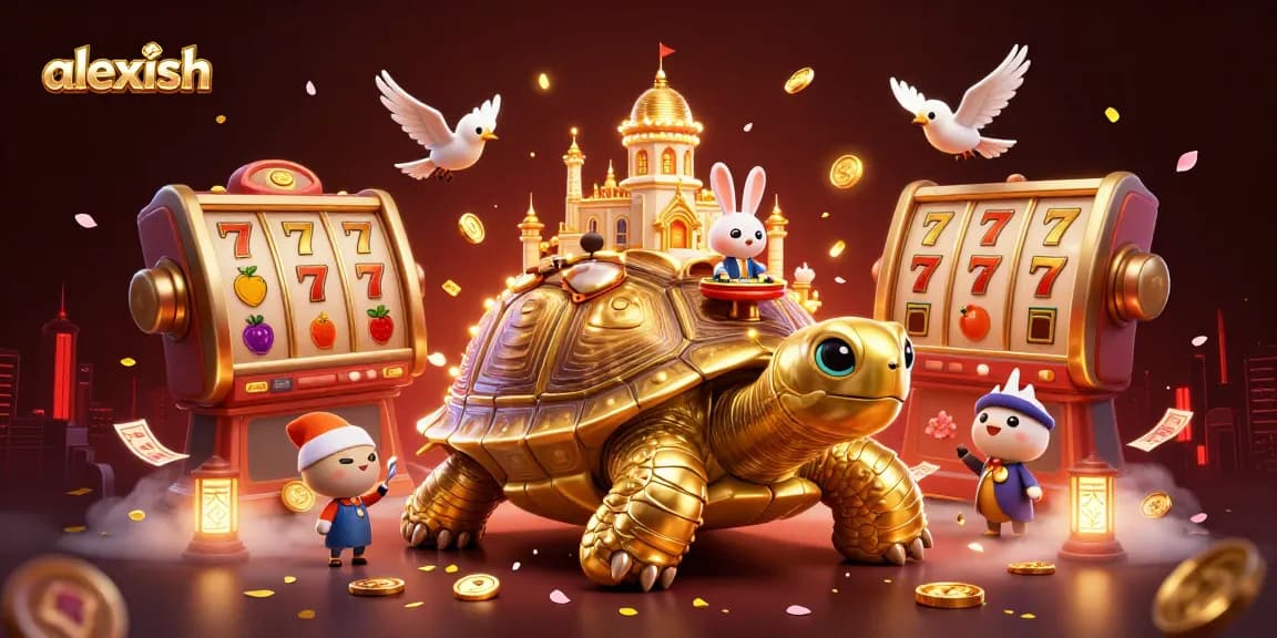 Engage in thrilling casino action with alexish featuring a magical scene of a tortoise palace and lively characters.