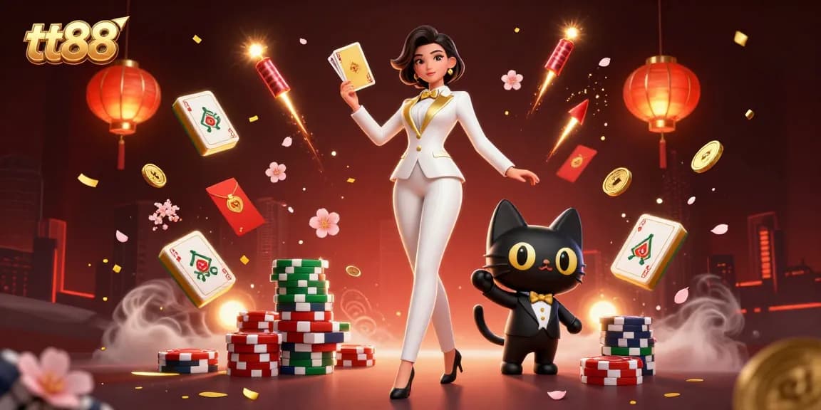 Engage in vibrant gaming action with tt88, showcasing a glamorous dealer and dynamic casino elements.