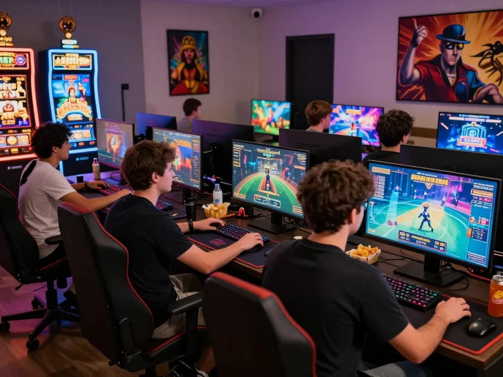 Exciting gaming scene featuring players engaged in meledak88 games, colorful lights, and diverse gaming setups.