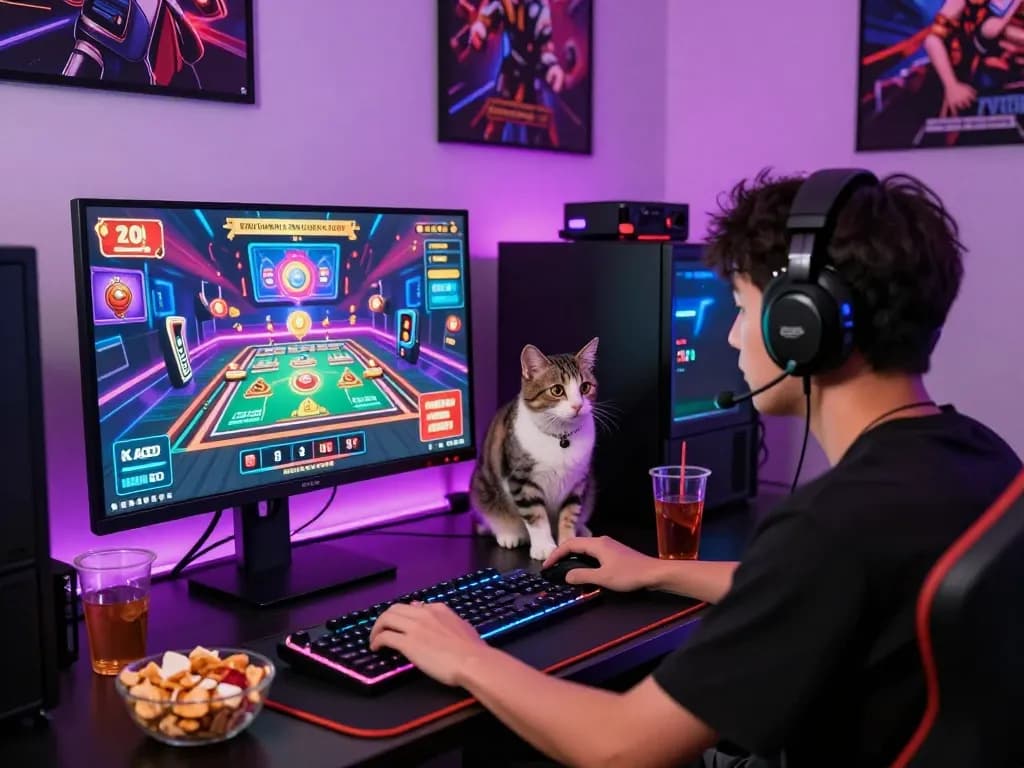 Engaged player enjoying sun win online gaming on a vibrant monitor setup.