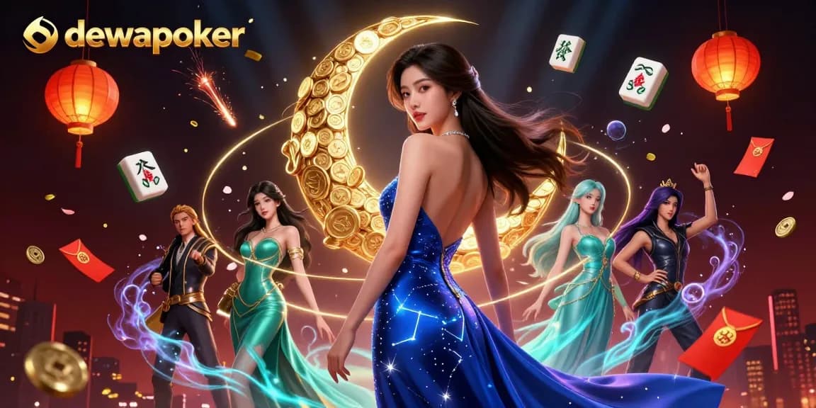 Experience winning at Dewapoker with a dynamic casino scene featuring elegant characters and vibrant game elements.