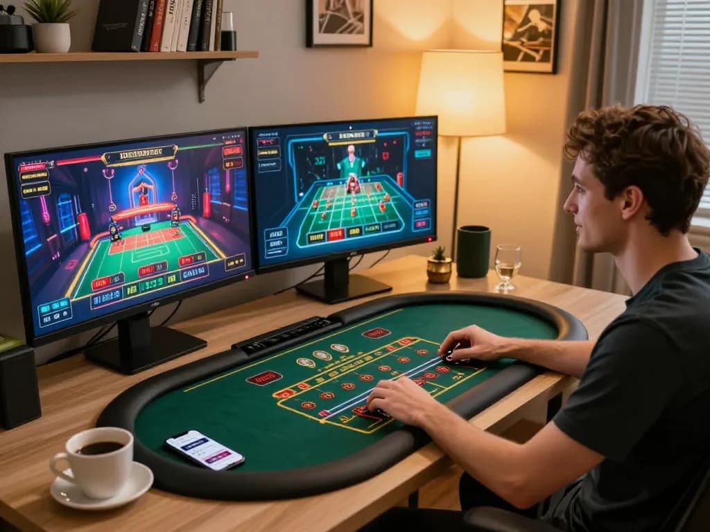 Engaging with the F8BET app for an immersive online casino experience while seated in a stylish home office