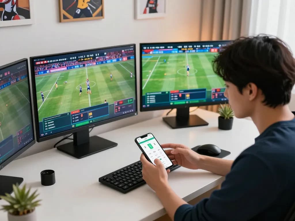 Tỷ lệ kèo nhà cái 5 displayed on smartphone in an engaging sports betting setup, exuding excitement and strategy.