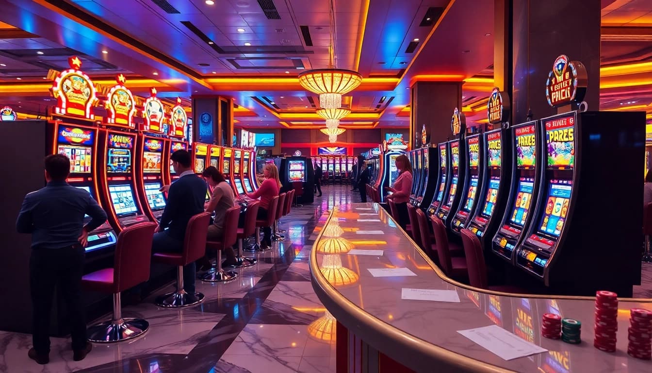 Exciting slot machines in a luxurious casino, showcasing vibrant graphics and eager players.