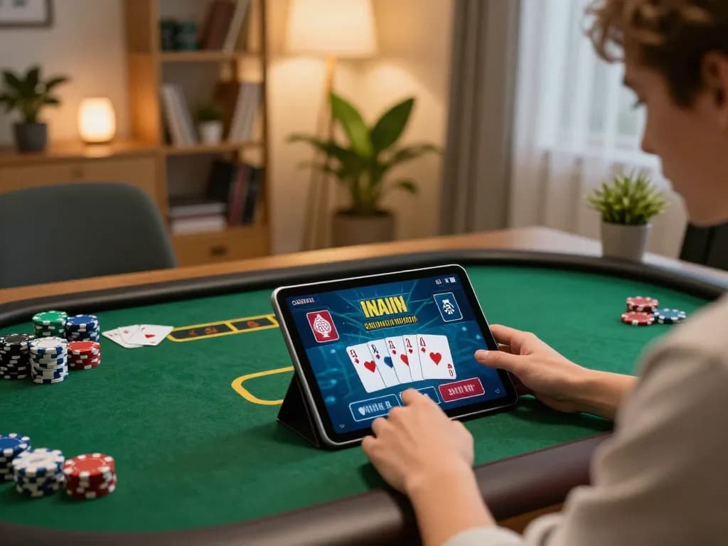 Engaging in Link Slot gameplay on a tablet in a cozy home office, showcasing strategic betting.