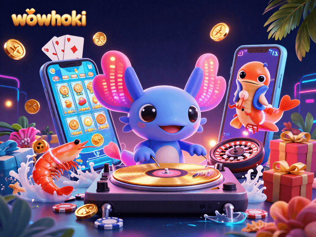 Jelajahi slot wowhoki dengan DJ axolotl neon dan elemen permainan kasino penuh warna.