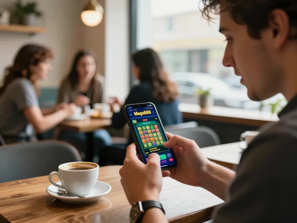Player engaging with the Mega888 app on a smartphone, highlighting mobile gambling excitement in a cafe