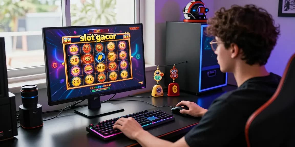Permainan slot gacor di layar komputer dengan suasana menyenangkan di ruang permainan modern.