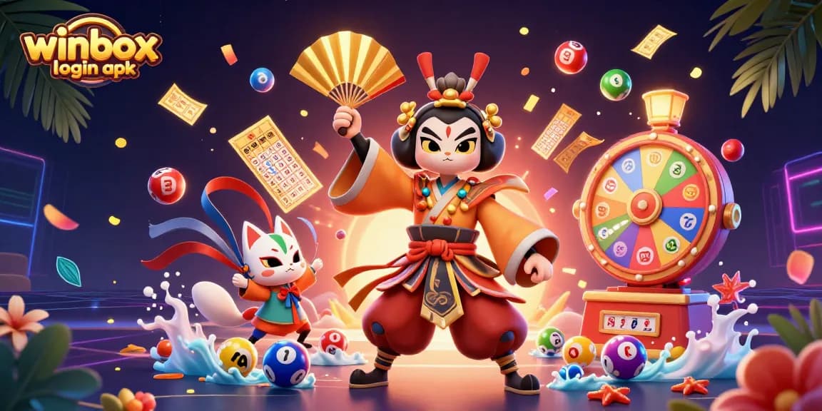 Engage with winbox login apk through vibrant lottery elements in a dynamic 3D casino scene.