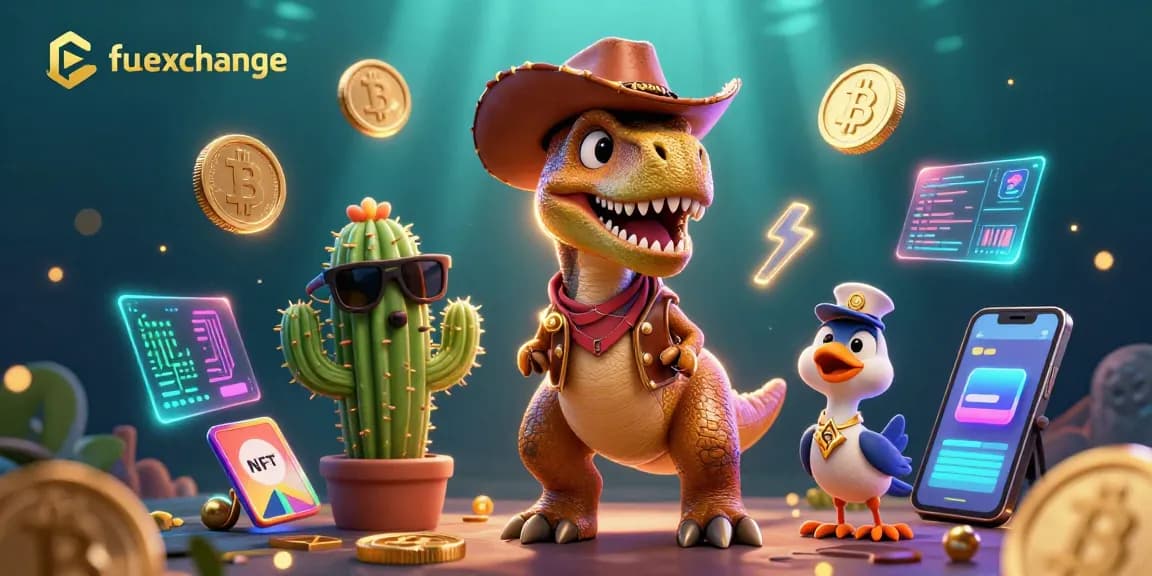 Engage with fun exchange activities featuring a dynamic scene of cartoon dinosaurs and crypto elements.