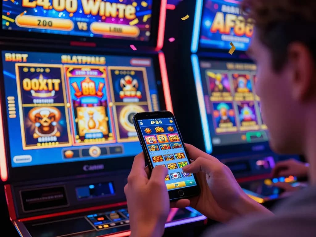Player enjoying AF88 online gaming app on a smartphone with vibrant casino visuals around.