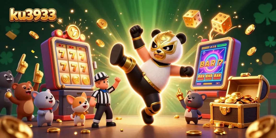 Experience thrilling action with ku3933 as a panda wrestler flies through a vibrant casino scene.