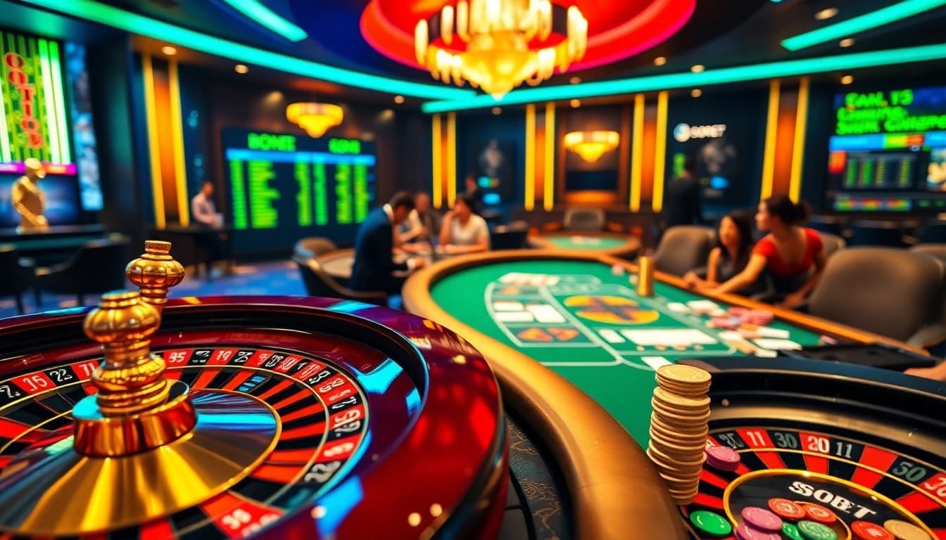 Sbobet link alternatif showcase in an exciting casino environment with vibrant roulette wheels and poker tables.
