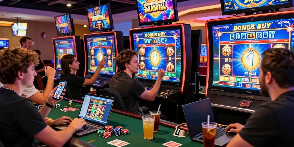 Players enjoying Bonus Buy slots at chagency.co.uk casino, highlighting excitement and strategy in vibrant gaming scene.
