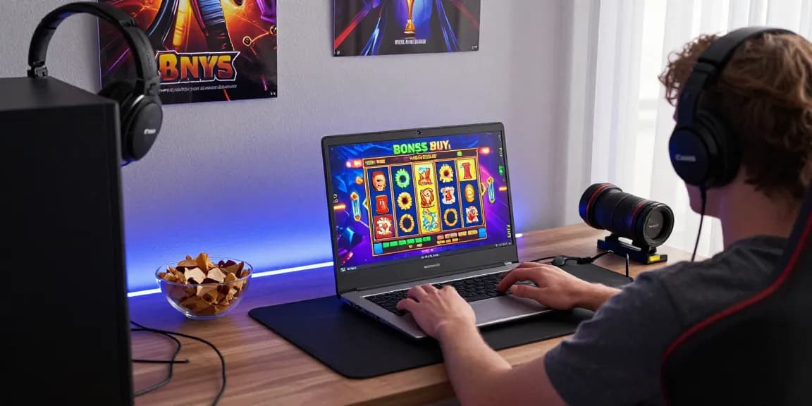 Engaged player enjoying bonus buy slots on a laptop with vibrant game visuals in a cozy gaming setup.