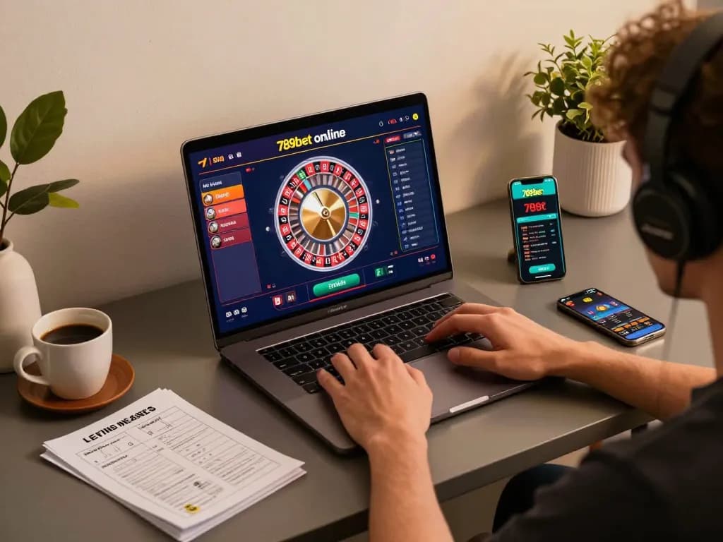 Player engaging in online casino gaming on 789bet platform with laptop and smartphone in a cozy home setup.
