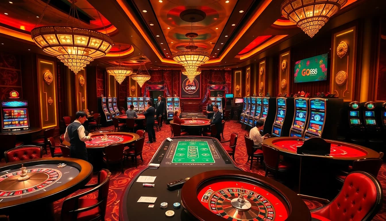 Exciting gaming at Nhà Cái GO88 casino with poker tables, roulette wheels, and lively atmosphere.