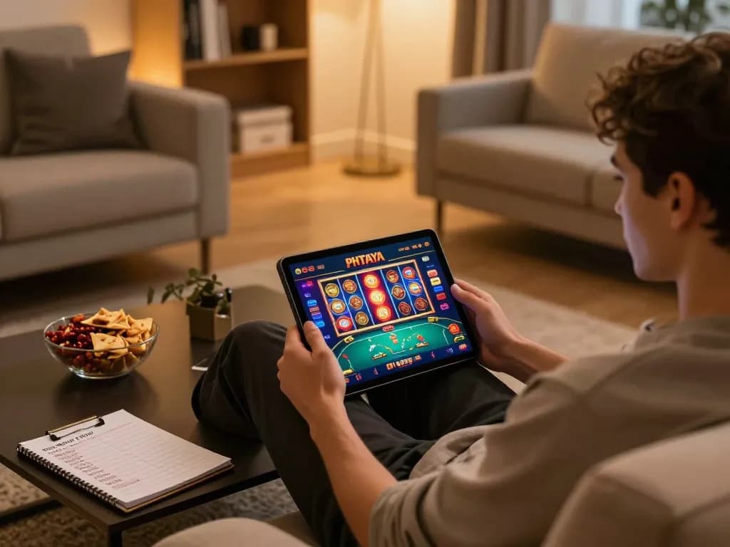 PHTAYA player engaged in online gaming on tablet, enjoying a cozy home setup with betting strategies and snacks.