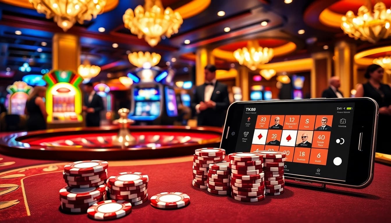 tk88 players enjoying poker and roulette in a luxury casino atmosphere