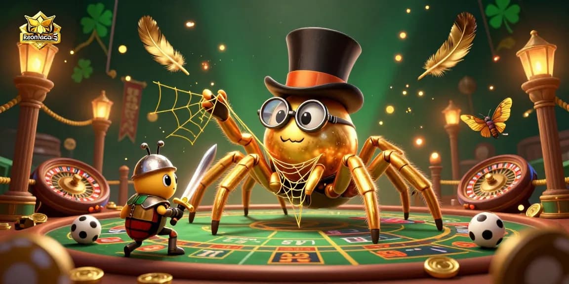 Experience the thrilling ambiance of keonhacai5, where a golden tarantula weaves luck in a bustling casino scene.