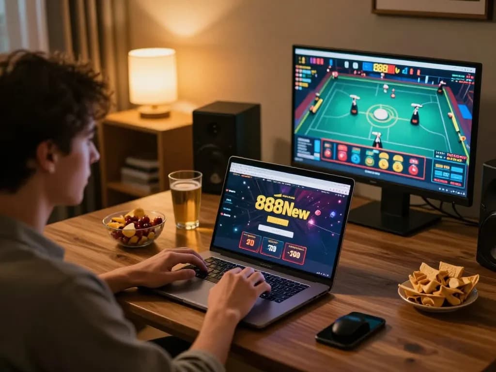 Playing exciting online casino games on 888New in a cozy home environment.