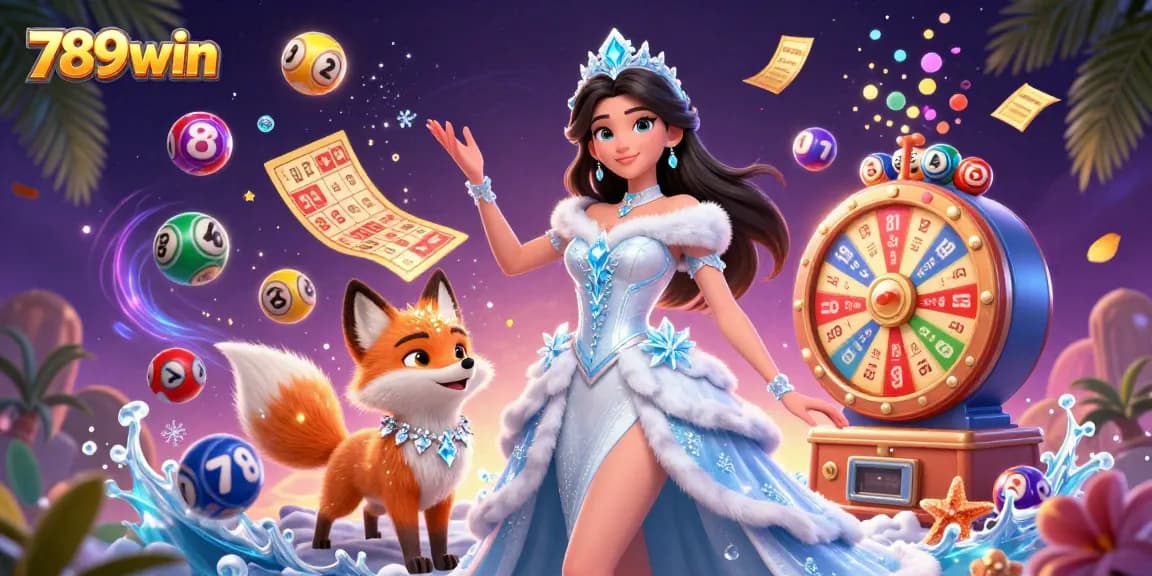 Engage with 789win's electrifying 3D casino scene filled with dynamic lottery elements and vibrant characters.