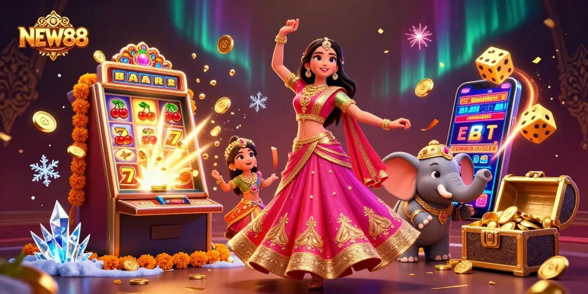 Experience thrilling gaming action at NEW88 with vibrant casino elements and rich visuals in this dynamic illustration.