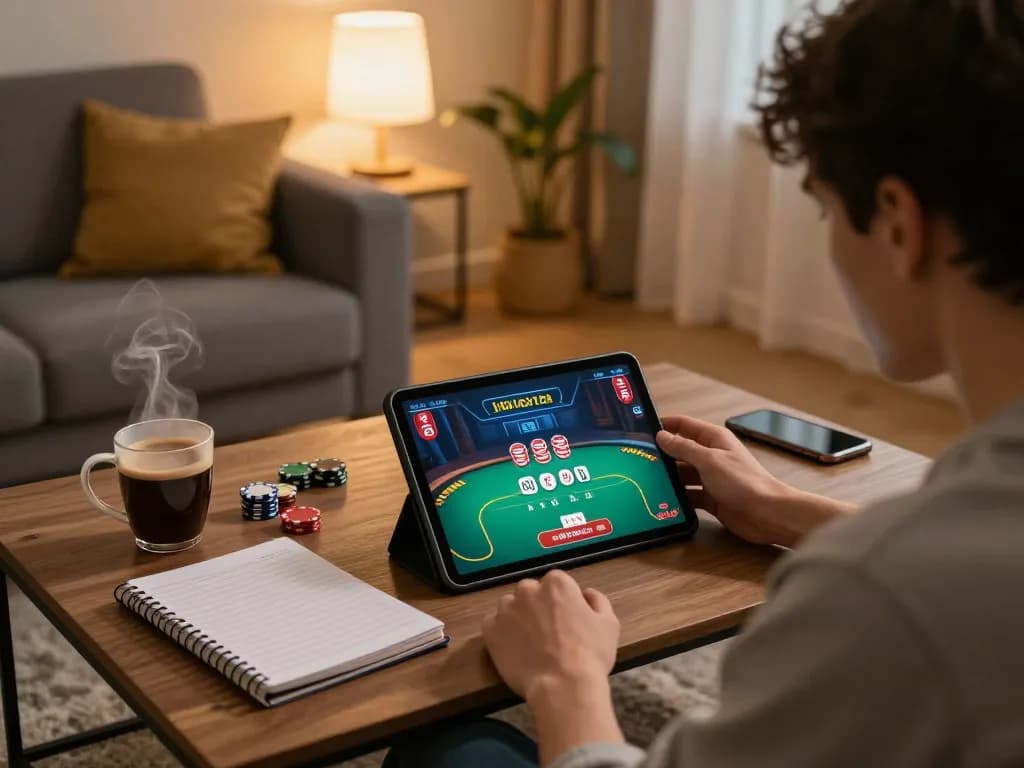 Hi88 player focusing intensely on poker strategy during online gaming session at home