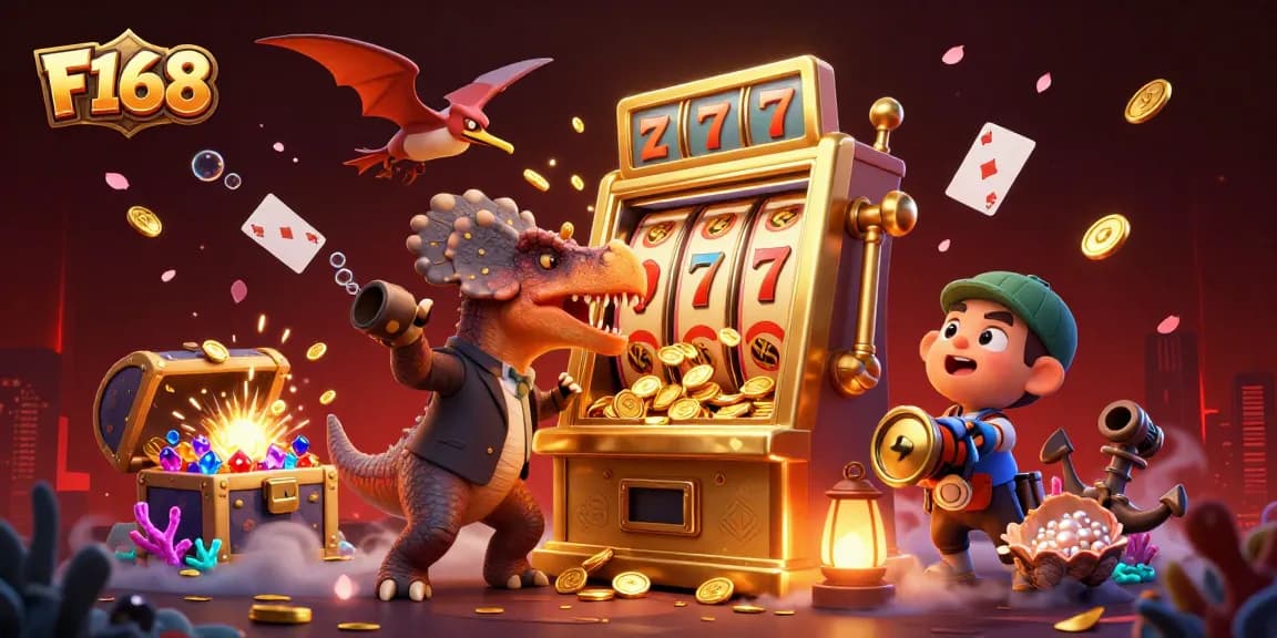 F168 jackpot celebration with a pachycephalosaurus and casino manager amidst vibrant gold coin excitement.