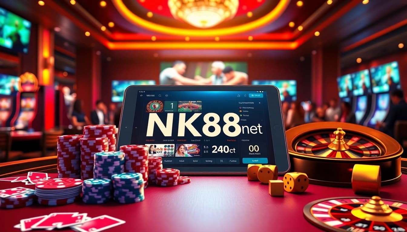 NK88 net digital casino interface showing live betting odds, poker chips, and roulette wheel action