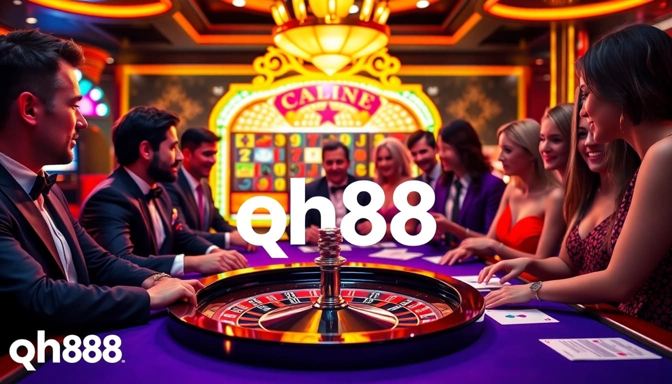 High-energy casino scene featuring qh88 poker chips and roulette table in a luxurious setting.