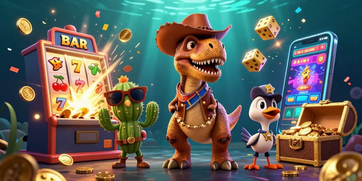 Spin the reels at rr88 while a cartoon dinosaur celebrates a jackpot explosion in a vibrant casino scene.