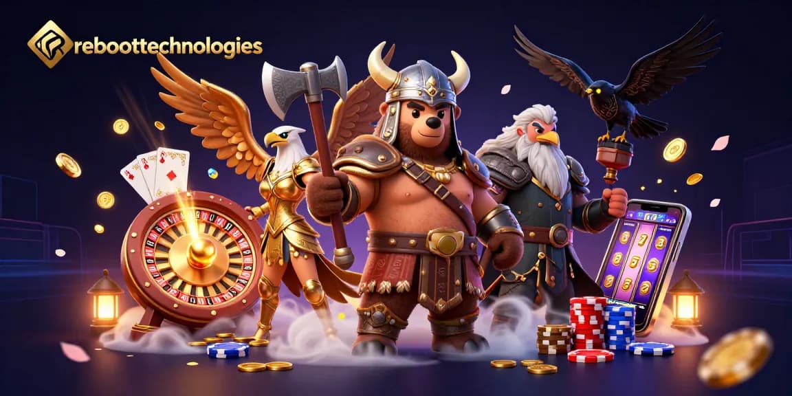 Engage with RebootTechnologies through a vibrant casino scene featuring dynamic gaming elements.