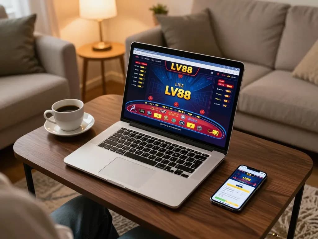 Engaging in online casino gaming on LV88's platform at home for a comfortable gambling experience.