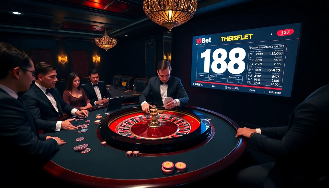 High-stakes roulette action at 188bet casino with players and vivid chips.