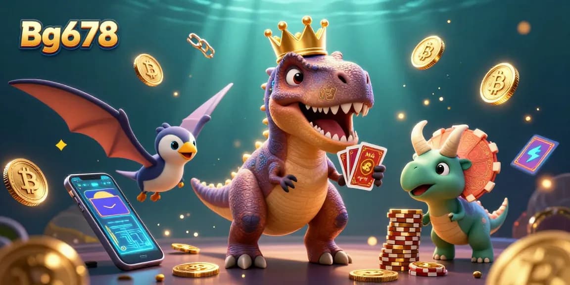 Join the fun at Bg678 as the T-Rex shuffles cards and the triceratops stacks chips in a vibrant 3D casino scene.