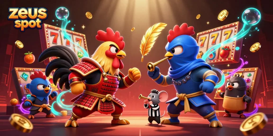 Experience thrilling wins with zeus slot as cartoon roosters clash amidst dynamic slots and treasures.