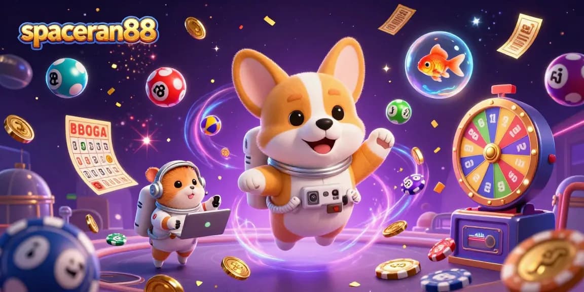 Experience excitement with spaceman88 in a captivating casino scene featuring a dog astronaut and floating games.