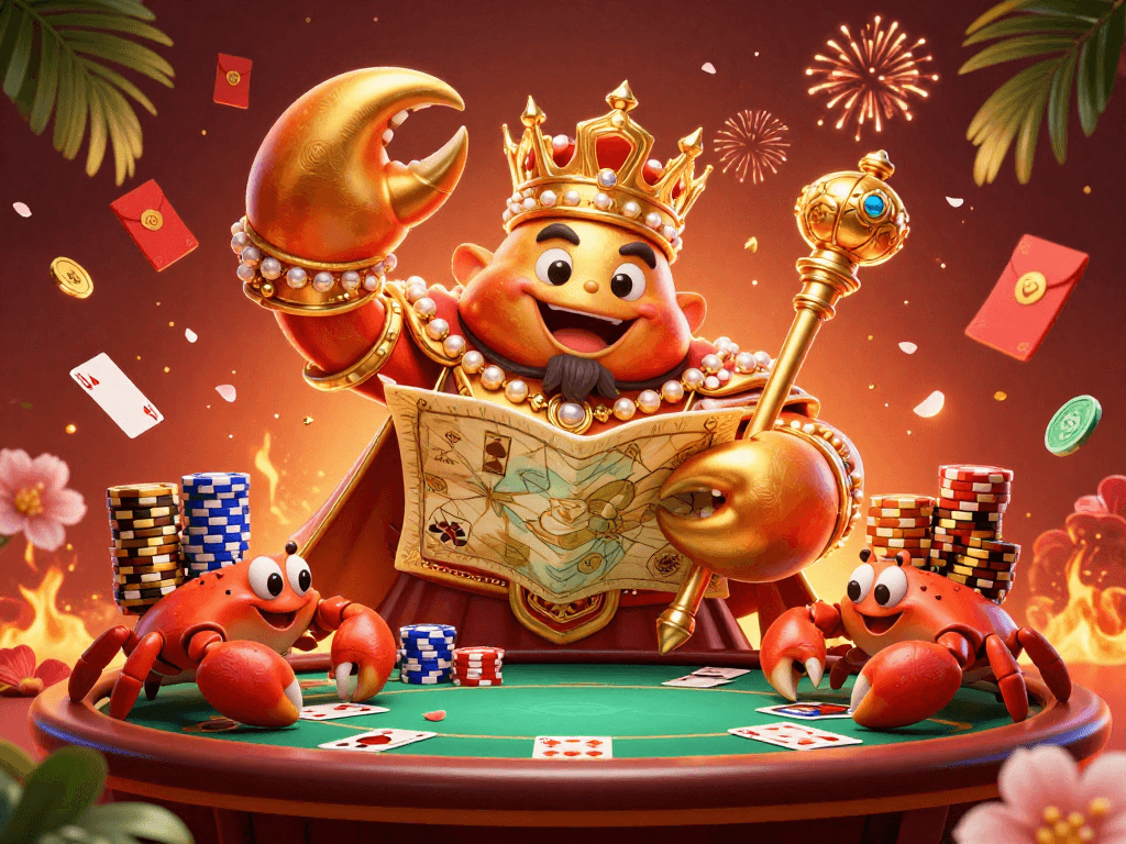 Experience the thrill of texaspokerholdemrules with a vibrant illustration featuring a golden crab emperor and poker chips.